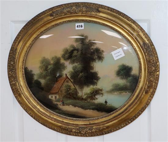 A Victorian reverse painted glass panel with angler in a landscape, 36 x 44cm